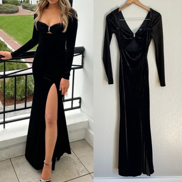 NWOT Hollywood Heyday Black Velvet Long Sleeve Mermaid Maxi Dress - Picture 1 of 12